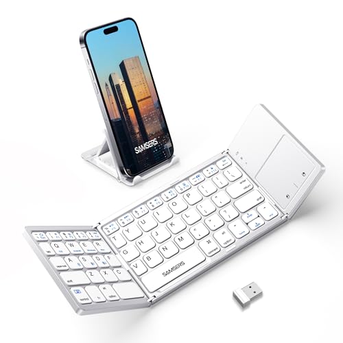 Image of Samsers Foldable Bluetooth Keyboard with Touchpad, Slim Compact, Silver | Multi-touch Trackpad, Full Size, Phone Holder, USB-C Charging, 3 Device, for Android Windows iOS Mac OS, Mobile Productivity