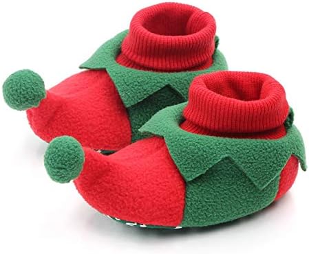 Newborn Infant Baby Christmas Shoes Santa Slippers Booties Anti-Slip Socks Boots Winter Warm Prewalkes (Red and Green Christmas Tree, 0-6 Months)