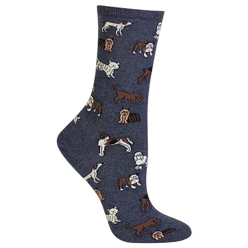 Hot Sox Womens Fun Dog Lovers Crew Socks - 1 Pair Pack Cool & Cute Wordplay Novelty Gifts Hosiery, Classic Dogs (Denim Heather), 4-10 US