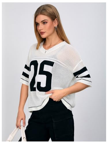 Image of Verdusa Women's Jersey Shirts Hollow Out Pullover Sweaters Number Print Short Sleeve Knit Tops