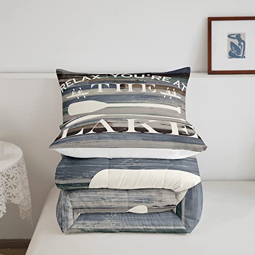 Lake House Comforter Sets Queen Size Rustic Farmhouse Bedding Set Wooden Print Grey White Bedspread For Kids Adults Men Lake House Decor Home Cabin Women Boys Country Style Quilted Duvet Insert 3Pcs #TOP4