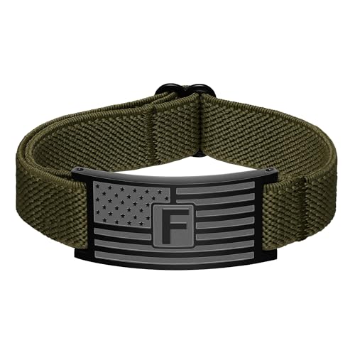 C-leen American Flag Initial Bracelet for Men, Stainless Steel Letter Charm Bracelet Mens Gifts Elastic Stretch Bracelets Gifts for Dad Husband Groomsmen Gift