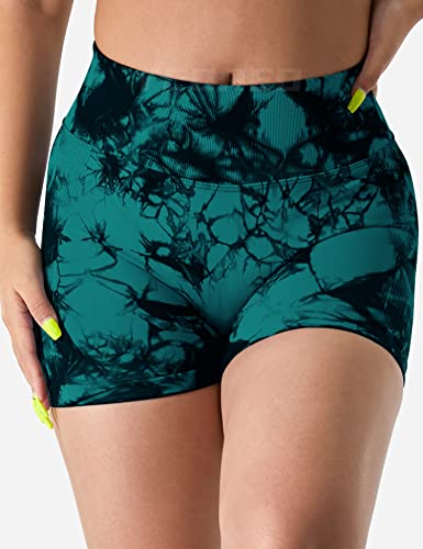 Yeoreo Women Seamless Biker Shorts 3.6" Booty Scrunch Workout Shorts Tie Dye Gym Yoga Shorts Blue Green Xl #TOP1