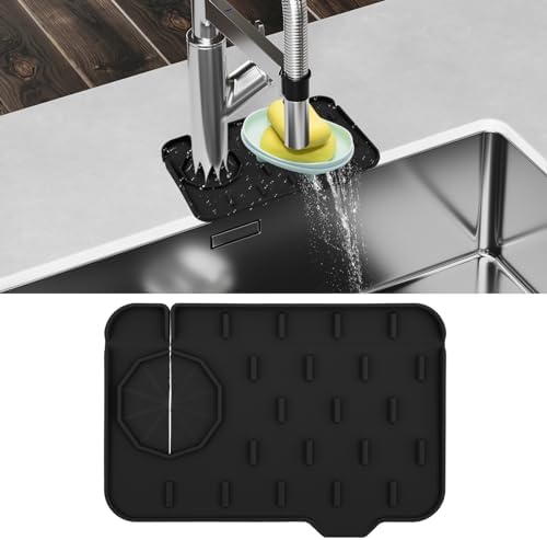 Sink Faucet Splash Guard Mat Silicone Soap Dish Pad Faucet Handle Drip Catch Sponge Holder Sink Protector Trays for Bathroom Kitchen Countertop Gadgets Accessories 8.3 x 5.7 Inch(Black)