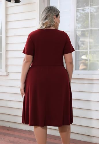 Image of Nemidor Women Plus Size Casual Dress Midi Flt Flare Pocket | Stretch knit,short sleeve,elastic waist,sizes 14-26 Plus,swing for curvy women,summer,vacation,church,brunch,party