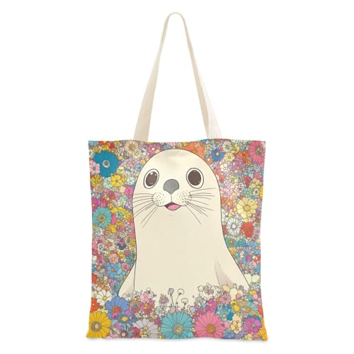Cartoon Cool White Seal Canvas Bags Bulk with handles Tote Bag With Pockets Reusable Canvas Grocery Bags for Travelling Bolsa de lona