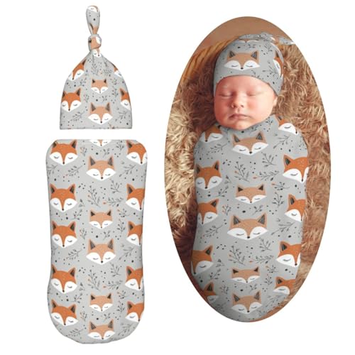 Image of Cute Forest Fox Seamless Newborn Swaddle Blankets Hat Sets Soft Baby Receiving Blanket Swaddle Sack for Baby Shower Infant Boy Girl Gift