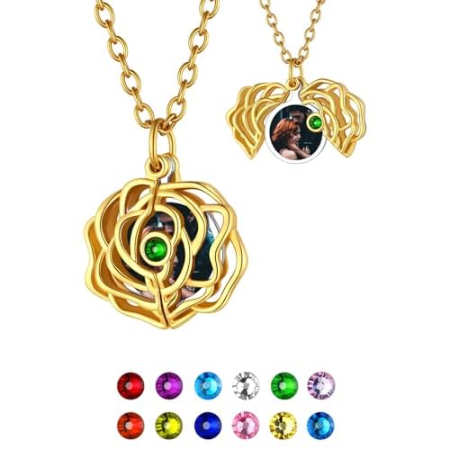 FindChic Customized Locket Necklaces for Women Girl with Custom Birthstone Hollow Heart Rose Flower/Sunflower/Envelope with Zirconia Stone Gold/Silver