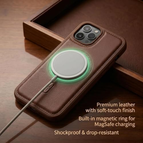Image of amazon basics Premium PU Leather Case for iPhone 12 Pro Max, MagSafe Compatible Magnetic Ring, Sleek Protective Back Cover - [Brown]