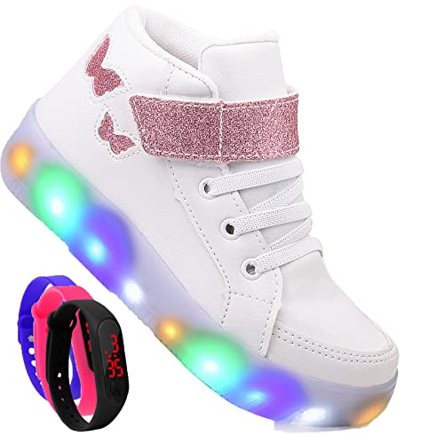 Tenis Feminino Botinha De Led Velcro Borboleta Glitter Luzinha + Relogio Cor:Branco;Tamanho:22