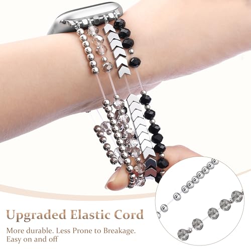 Lerobo Beaded Bracelet Compatible with Apple Watch Band 42mm/41mm/40mm/38mm for Women, Elastic Stylish Dressy Handmade Smartwatch Band for iWtach Series 11 10 9 8 7 6 5 4 3 SE 3 2 1, Black/Silver by Lerobo - Used condition - Image 5
