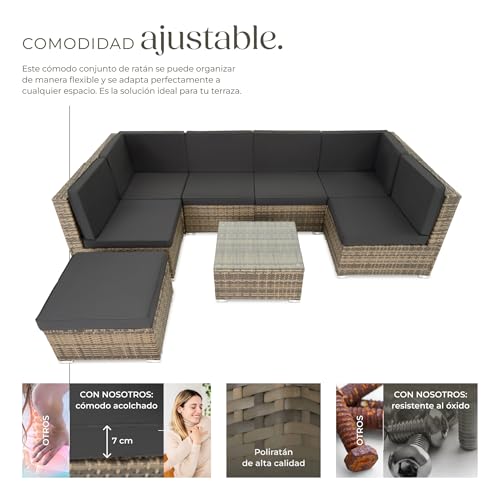 tectake® Conjunto Jardín de Ratán con Cojines, Conjunto Terraza Combinable y Resistente a la Intemperie, Muebles Jardín Exterior 6 Sillones, 1 Mesa, 1 Taburete, Estructura y Tornillos Acero - Natural - imagen 3