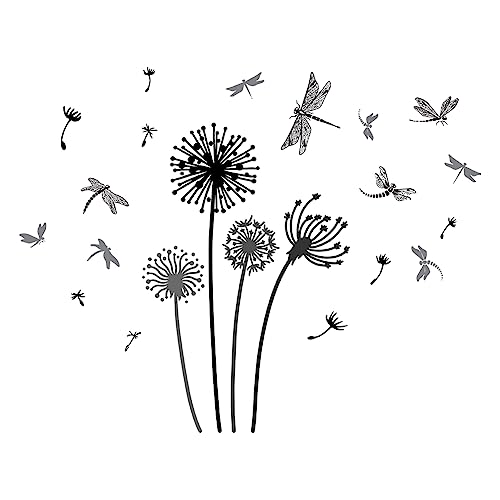 SUPERDANT Black Dandelion Dragonfly Wall Sticker Plants Insect Wall Sticker Removable Vinyl Home Decor Flowers Wall Art DIY Art PVC Wall Decal for Room Decor