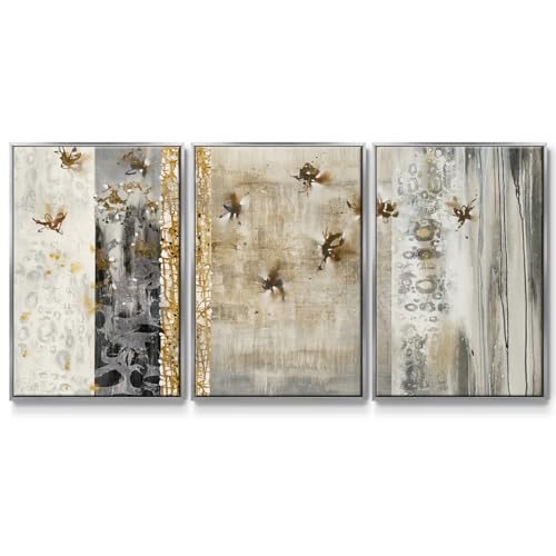 Renditions Gallery Abstract Wall Art Feathered Friend Birds Painting Modern Home Décor Artwork Canvas Prints Wall Decorations for Living room and Kitchen-Silver Floater Frame-16”x24”x3 Panels, LS015