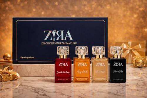 Image of ZIRA Perfume Gift Box - 4 Signature EDP Collection, Long-Lasting Fruity, Floral, Woody & Spicy Perfumes for Men & Women, Premium Travel-Friendly Fragrance Set (30ml Each)