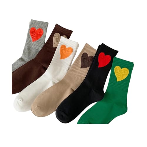 Heart Socks 6-Pairs Cute Pure Colorful Women’s Soft Cotton Rib Mid-Calf Socks