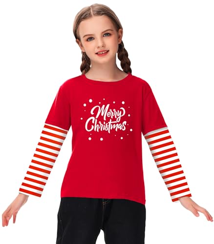 Image of Remimi Unisex Kids Christmas Long Sleeve Shirt Xmas Print Stripe Shirts 2-12 Years