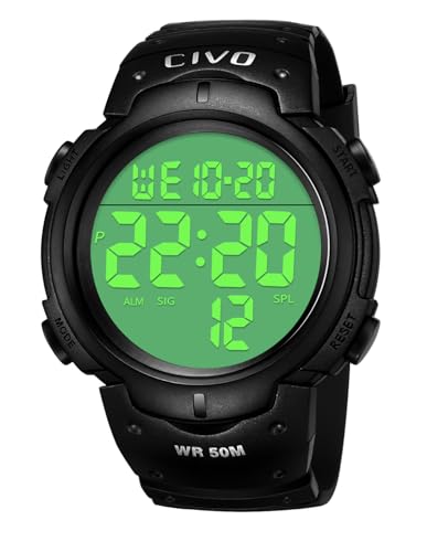 CIVO Reloj deportivo informal para hombr, multifuncional, militar, Resistente al agua, diseñ, LCD Back Light Relojes de pulsera electrónica, Negro