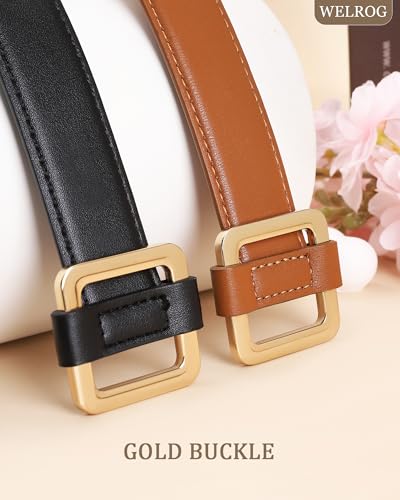 WELROG 2 Pack Women Leather Belts for Dress Jeans Gold Buckle Belts for Women Adjustable & Hole-Free Belt3