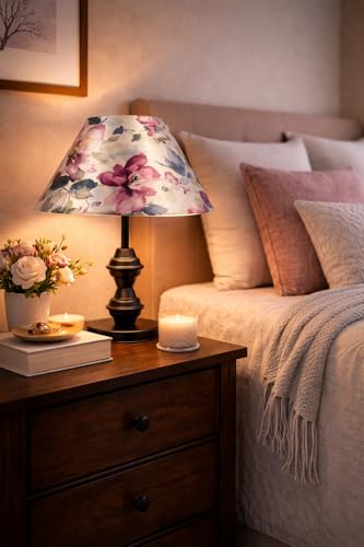 Image of tu casa Modern Table Lamp with Crimson Floral Satin Shade | Metal Iron Base Decorative lamp for Living Room| Study & Home Decor, Designer Table Lamp for Gifting (Pastel Petal Harmony)