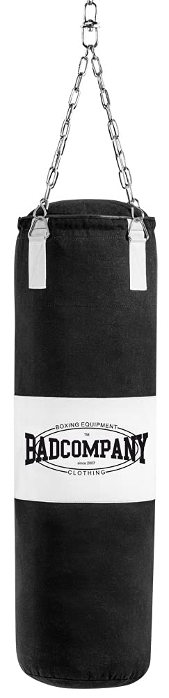 Bad Company Boxsack inkl. Heavy Duty Stahlkette I Canvas Punching Bag mit PVC-Target, gefüllt/ungefüllt I 100 x 30 cm I 120 x 30 cm - Schwarz/Weiß