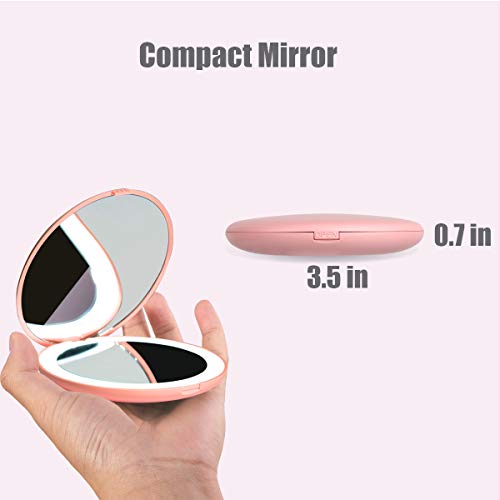 Wobane Led Travel Makeup Mirror, 3.5 Inch Lighted Compact Mirror, 10X Magnification, Handheld, Double Sided, Portable Folding Mirror For Pocket, Purse, Gift, Pink, Round #TOP2
