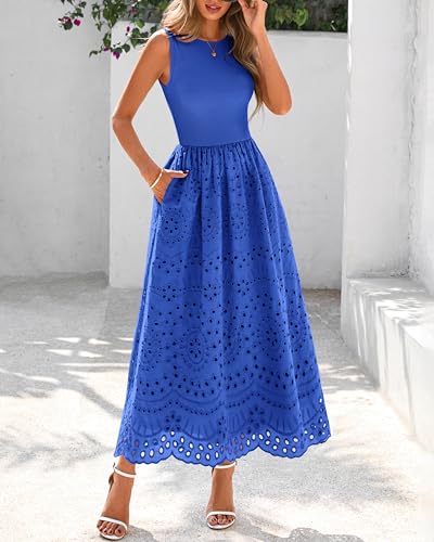 Image of dowerme Women Summer Dresses 2026 Casual Sleeveless Crewneck A-Line Boho Lace Eyelet Cotton Tank Maxi Dress with Pockets