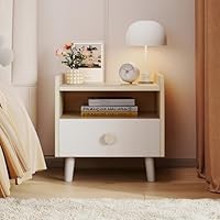 Arlopu Nightstand with Drawer, Wooden Side Table with Open Shelf, Sturdy Legs, Round Edge, Kid Bedside End for Bedroom Furniture Dorm Small Spaces