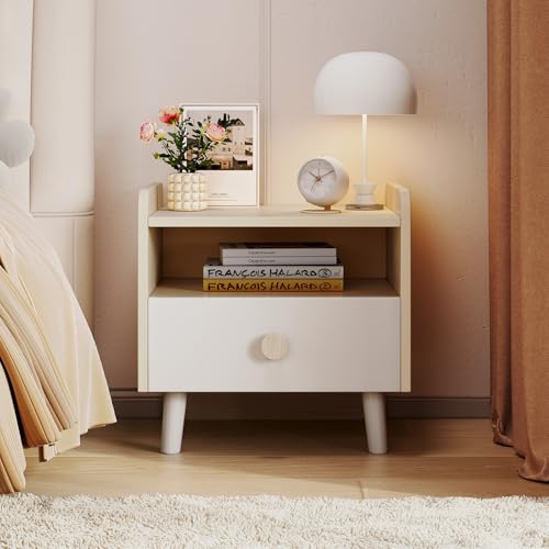 Arlopu Nightstand with Drawer, Wooden Side Table with Open Shelf, Sturdy Legs, Round Edge, Kid Bedside End for Bedroom Furniture Dorm Small Spaces
