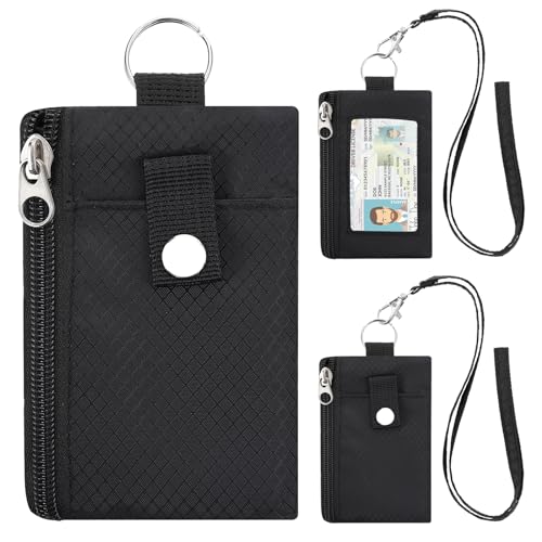 FORYEE Carteira minimalista com bloqueio de RFID com 2 bolsos com zíper e cordão, capa de identificação resistente à água com chaveiro e porta-crachá para cartões, bolsa para moedas para homens e