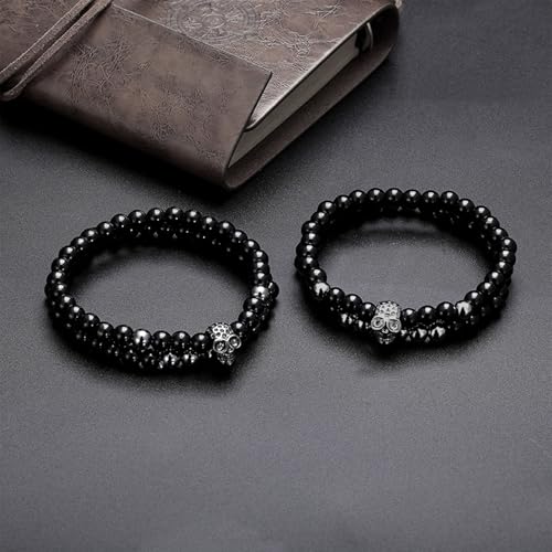 Pulsera artesanal de obsidiana negra con diseño de calavera miniatura 5