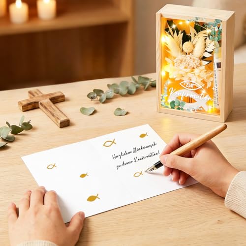 Geschenke zur Konfirmation Mädchen Jungen,Geldgeschenk Konfirmation,inklusive Holzbox+Trockenblumen+LED Lichterkette+Reagenzglas+Fish Holz+Konfirmationskarten,Konfirmationsgeschenke für Jungs Mädchen