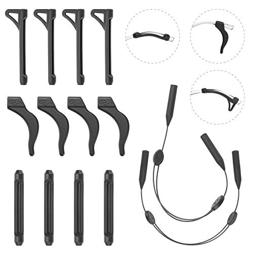 FACATH 6 Pairs Eyewear Retainers, 2 Pieces Adjustable Eyewear Strap, Soft Comfortable Anti-slip Silicone Glasses Temple Holders, No Tail Glasses Strap String Holder for Men and Women, E-black, L