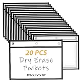 LOPYXBR 20 PCS Horizontal Job Ticket Holders 8.5x11 Inch Dry Erase Pockets Reusable Sleeves Black 3-Rings Work Order Plastic Sleeves for Paper 8.5x11 Write and Wipe Pockets for Office Document