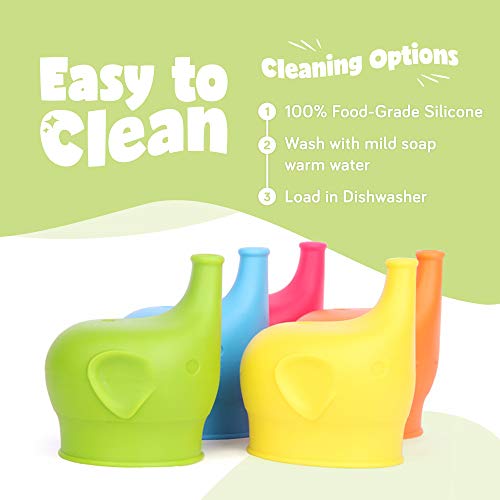Silicone Sippy Cup Lids (5 Pack) - Elephant Silicone Spout Makes Cup into Spill-Proof Sippy Cup for Babies and Toddlers