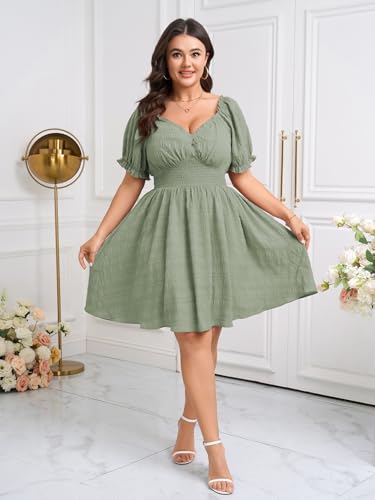 Image of SCOMCHIC Womens Plus Size Summer Dresses Casual Sun Dress Sweetheart V Neck Puff Short Sleeve Smocked A Line Mini Dress
