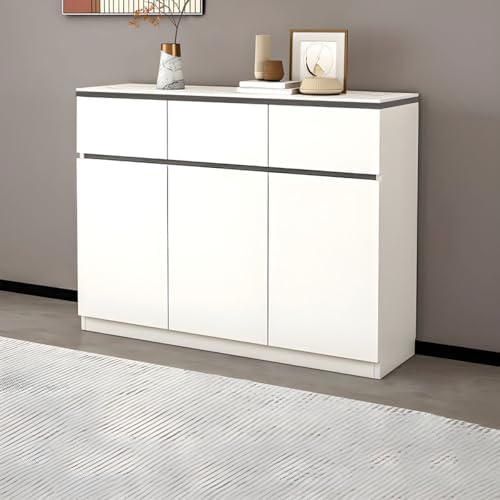 Modern Grey Wood Sideboard Credenza with Drawers & Cabinets, Stylish Stone Top Storage Solution for Living Room, High-End Integrated Wooden Cabinet (55" L x 14" W x 35" H)