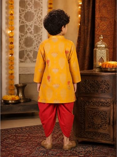 Image of superminis Boy's Golden Foil Printed Side Open Cotton Kurta, Round Collar, Full Sleeves Ethnic Wear Dhoti Kurta Set