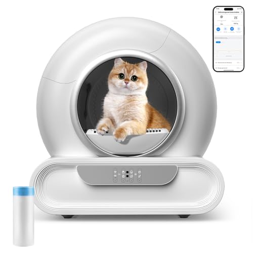 Katzentoilette Selbstreinigende Katzenklo Elektrische 68L, Automatisch Selbstreinigende Katzentoilette mit Müllsäcken, Niedriger Einstieg/APP...