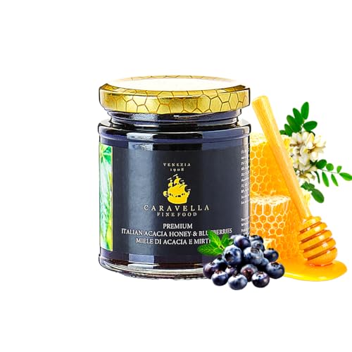 Miel de Acacia y Arándanos 250 g Italiana Caravella Fine Food | Suave Sedosa Ligera con aroma Agridulce Fluida y Jugosa con frutas naturales | Ideal para Desayunos Postres Quesos Muesli Yogures Tés