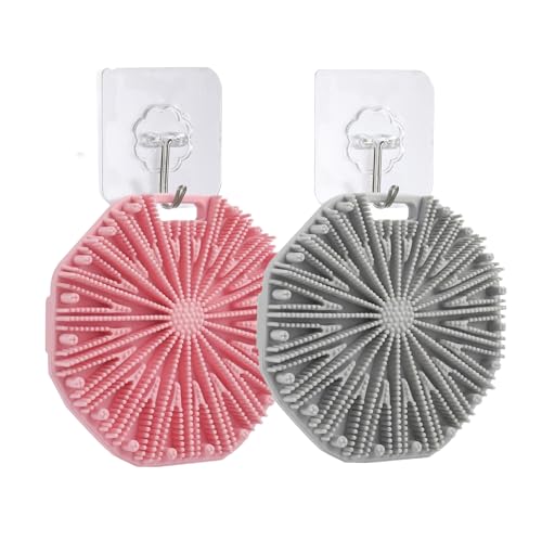 2Pcs Silicone Body Scrubber,Exfoliating Body Scrubbers for use in Shower,Silicone Body Brush for Showering and Anti-Slippery Handles for All Skin Types,Eco Friendly Shower Scrubber for Body（Pink+Grey）