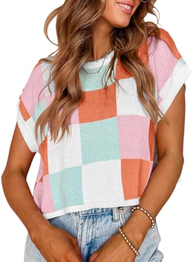 Saodimallsu Womens Cap Sleeve Crop Tops Summer Color Block Going Out Crew Neck Knit Trendy Casual Sweater