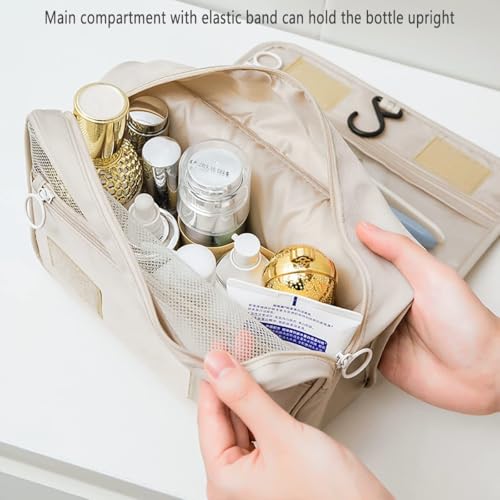 Image of Large Hanging Toiletry Bag for Women Travel Makeup Organizer Cosmetic Pouch with Sturdy Hook Water Resistant Bathroom Wash Bag Multiple Compartments for Skincare Cosmetics & Brushes Beige