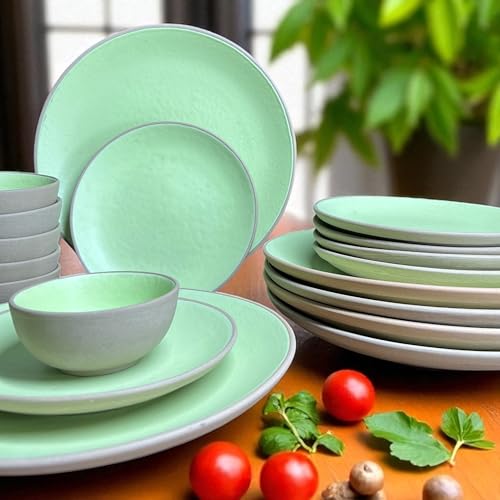 Image of Hand Painted Ceramic Dinnerware Set - 18 Pieces | 6 Dinner Plates, 6 Small Plates, 6 Katori Bowls | Earthy Mint | Microwave & Dishwasher Safe | Perfect for Home & Gifting