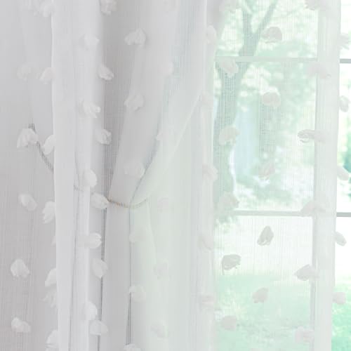 Image of Boho Pom Pom Nursery Light Block Curtains White 52x54 in | Blackout Double Layer Curtains with Pom Pom Semi-Sheer Overlay, Grommet Privacy Drapes for Toddler Bedroom Decor, 2 Panels
