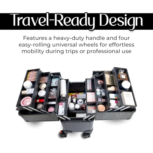 Image of Folello - Move Professional Rolling Trolley Makeup Travel Case - PU Leather with Black Aluminum Frame & Metal Parts - Makeup Artist Organizer Box - Black