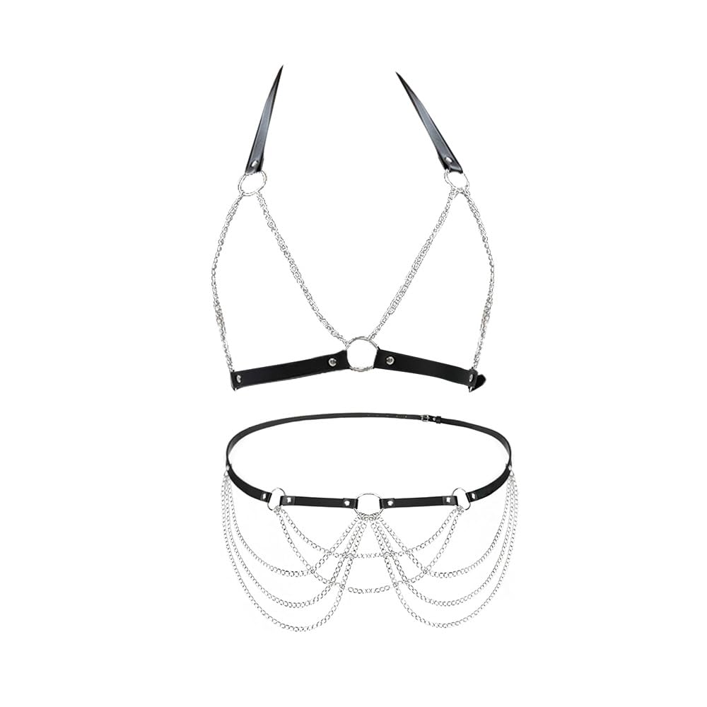 2 Piezas Punk Cuero Cintura Cadena Gótico Negro Cuerpo y Cadena de Pecho Regulable Accesorio Sexy para Festivales Raves Actuaciones Mujeres Niñas