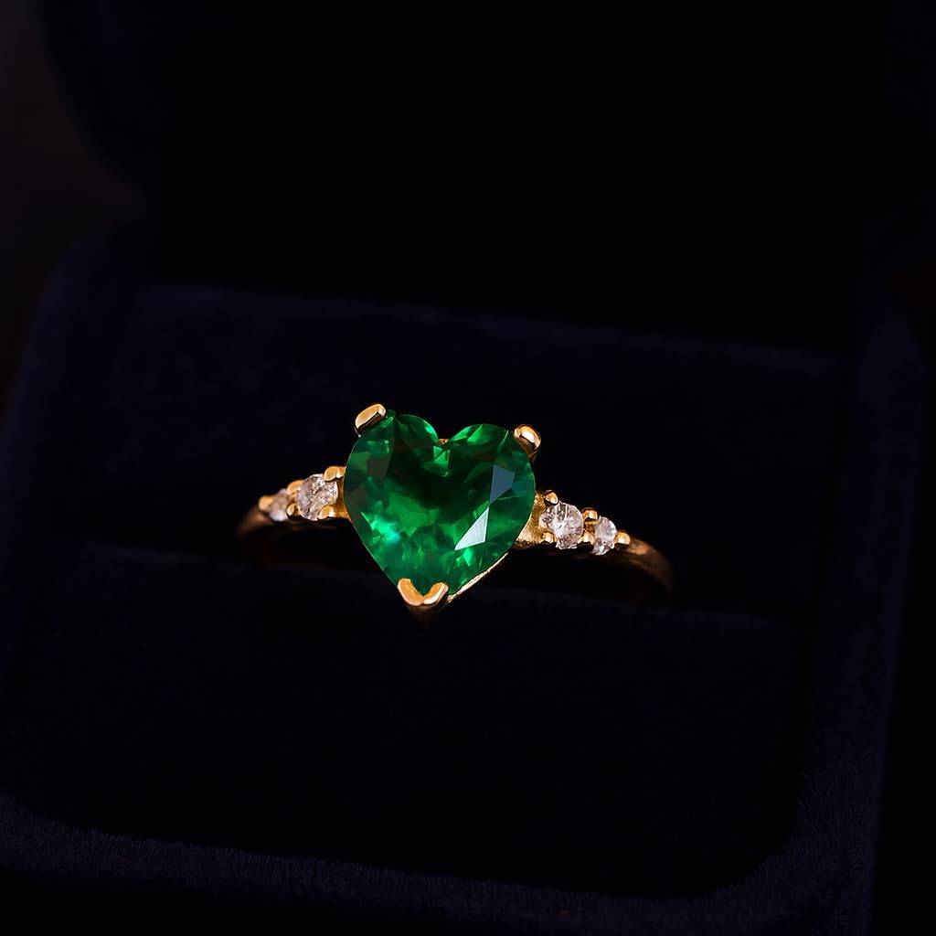 Heart Shaped Green Emerald Ring for Women 10k Yellow Gold Three Stone Engagement Promise Ring Vintage Romantic Jewelry Gift for Her