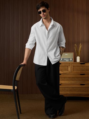Image of The Souled Store Seersucker: Men and Boys Long Sleeve Spread Collar Striped Lightweight Easy to Style Everyday Office Wear Cotton Relaxed Shirt