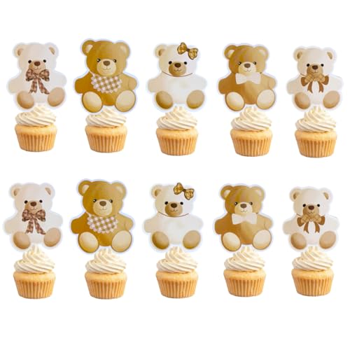 Lot de 25 décorations de fête d'anniversaire en forme d'ours pour fête prénatale - Décorations de table pour cupcakes sur le thème de l'ours - Fournitures de fête prénatale